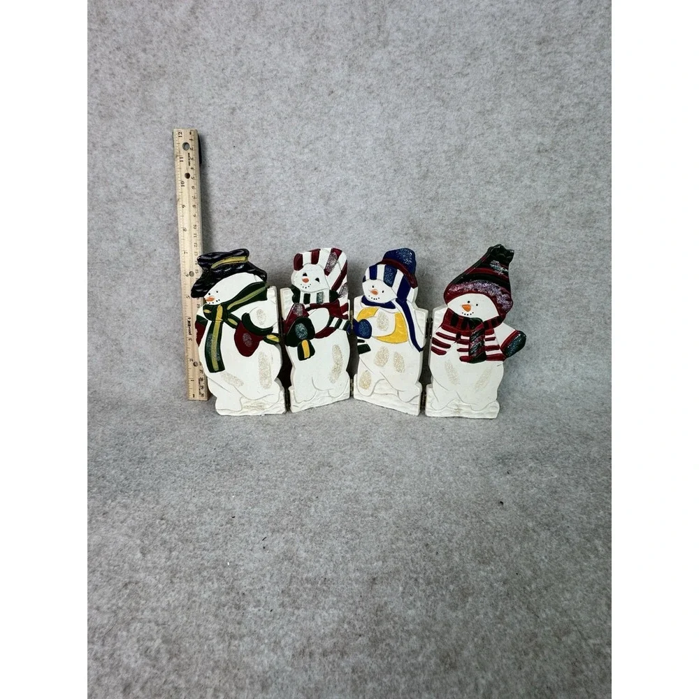 Set of 4 Wooden Snowman Figurines‎ Christmas Holiday Decor Tabletop Shelf Accent
